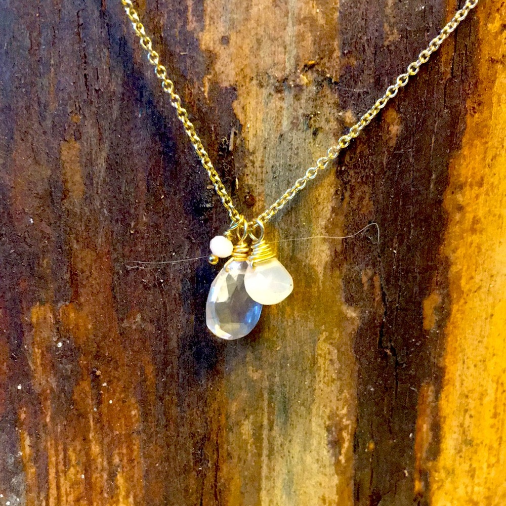 14k chain with pink quarts, pink crystal and small glass pink bead pendants.